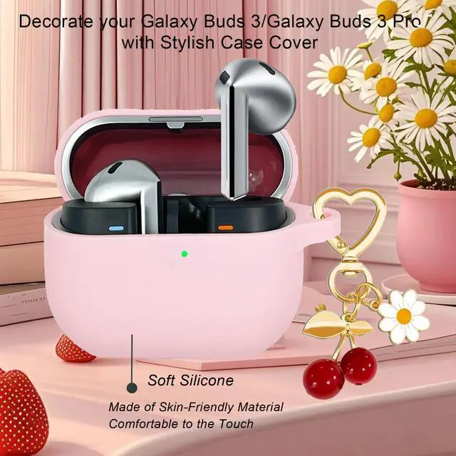 Alt view image 5 of 7 - Protective Case for Samsung Galaxy Buds 3 & Galaxy Buds 3 Pro,Cute Cherry Charm Keychain,Pink Print Soft Silicone Skin Protective Case Daisy for Galaxy Buds3 Pro Earbuds for Women Men Pink