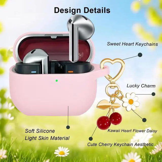 Alt view image 4 of 7 - Protective Case for Samsung Galaxy Buds 3 & Galaxy Buds 3 Pro,Cute Cherry Charm Keychain,Pink Print Soft Silicone Skin Protective Case Daisy for Galaxy Buds3 Pro Earbuds for Women Men Pink