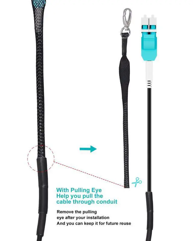 Alt view image 7 of 7 - 85M/278FT TPU OM3 Fiber LC to LC Outdoor Uniboot Fiber Patch Cable, OD-5mm Industrial 40Gb 50/125 Armored Duplex Multimode Cable, with one Pulling Eye Kit