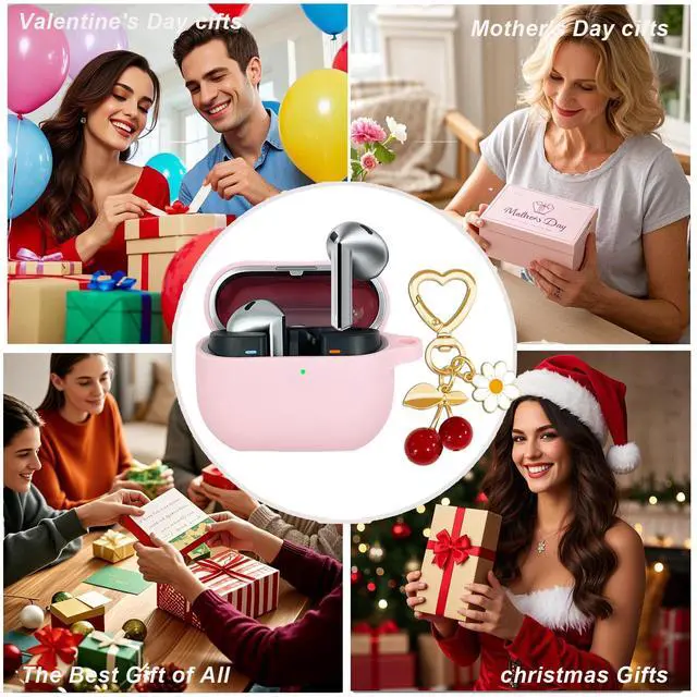 Alt view image 7 of 7 - Protective Case for Samsung Galaxy Buds 3 & Galaxy Buds 3 Pro,Cute Cherry Charm Keychain,Pink Print Soft Silicone Skin Protective Case Daisy for Galaxy Buds3 Pro Earbuds for Women Men Pink