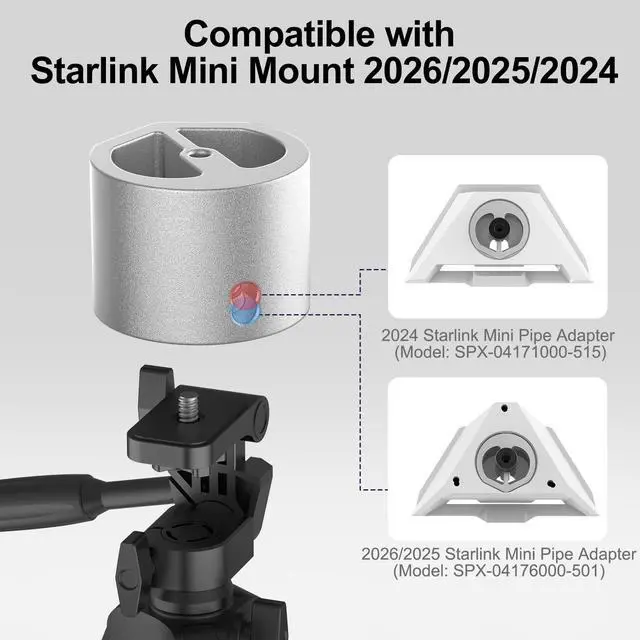 Alt view image 2 of 6 - Starlink Mini Tripod Adapter Fits 2026-2024 Mini Pipe Mount, CNC Aluminum | 1/4''-20 & 3/8"-16 Thread, Starlink Mini Accessories for Quick Release Plates, Tripods, Clamps,Ram and Ball Mounts,Silver