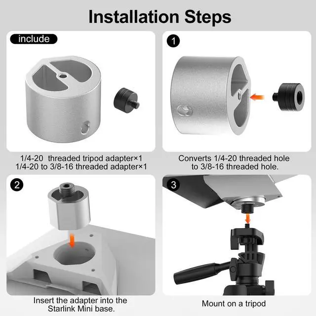 Alt view image 6 of 6 - Starlink Mini Tripod Adapter Fits 2026-2024 Mini Pipe Mount, CNC Aluminum | 1/4''-20 & 3/8"-16 Thread, Starlink Mini Accessories for Quick Release Plates, Tripods, Clamps,Ram and Ball Mounts,Silver