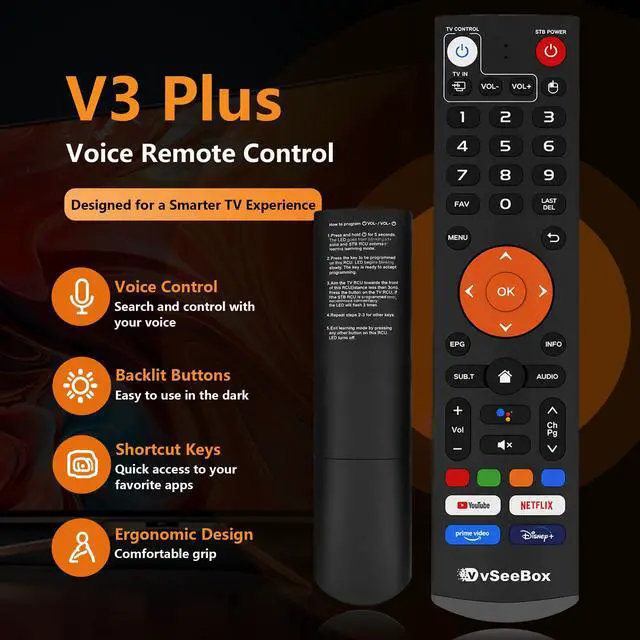 Alt view image 2 of 7 - V3 Plus Voice Remote Control Compatible with vSeeBox V3 Plus V3 Pro Smart Bluetooth Voice Remote Control, Replacement Learning Bluetooth Remote Control
