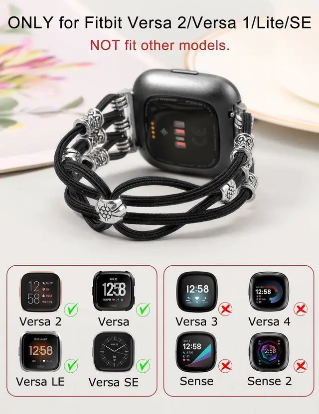 Alt view image 5 of 6 - Beaded Bracelet Band Compatible with Fitbit Versa 2/Fitbit Versa Bands Women, Boho Soft Elastic Stretchy Nylon Braided Strap Fancy Charms Designer Breathable Sport Wristband