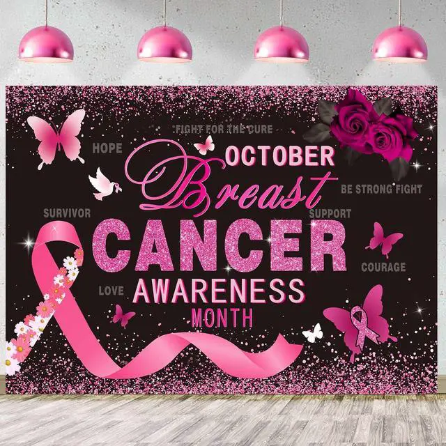 Alt view image 2 of 7 - Breast Cancer Awareness Backdrop Pink Ribbon Love Hope Background | 10x8ft October Breast Cancer Prevention Banner, Pink Ribbon Banner,Breast Cancer Charity Fundraising Activities Photo Props