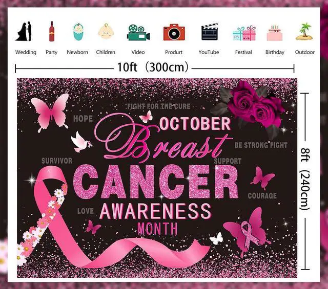 Alt view image 6 of 7 - Breast Cancer Awareness Backdrop Pink Ribbon Love Hope Background | 10x8ft October Breast Cancer Prevention Banner, Pink Ribbon Banner,Breast Cancer Charity Fundraising Activities Photo Props