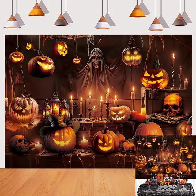 Main image of Horror Halloween Backdrop Scary Skeleton Pumpkin Lantern Haunted House Background Kids Adult Spooky Birthday Party Decorations Banner Supplies (10x8FT)