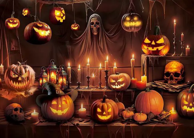 Alt view image 2 of 7 - Horror Halloween Backdrop Scary Skeleton Pumpkin Lantern Haunted House Background Kids Adult Spooky Birthday Party Decorations Banner Supplies (8x6FT)