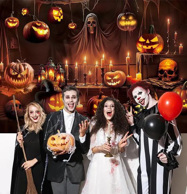 Alt view image 3 of 7 - Horror Halloween Backdrop Scary Skeleton Pumpkin Lantern Haunted House Background Kids Adult Spooky Birthday Party Decorations Banner Supplies (8x6FT)