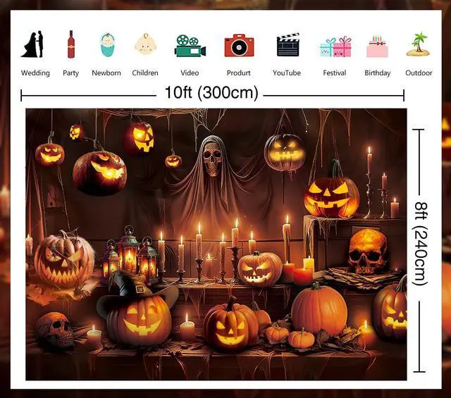 Alt view image 7 of 7 - Horror Halloween Backdrop Scary Skeleton Pumpkin Lantern Haunted House Background Kids Adult Spooky Birthday Party Decorations Banner Supplies (10x8FT)