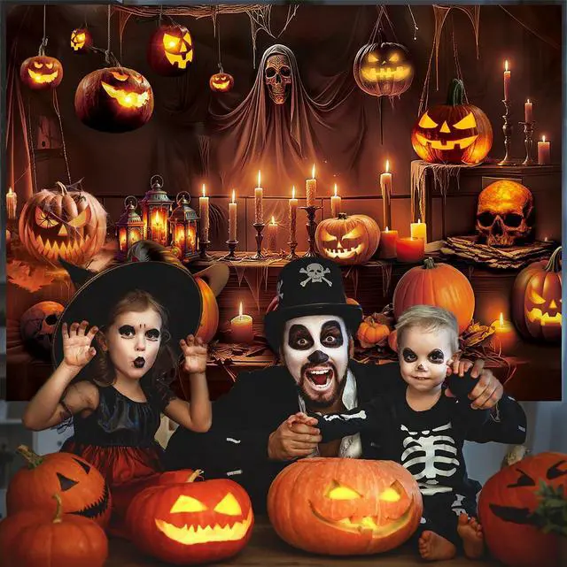 Alt view image 5 of 7 - Horror Halloween Backdrop Scary Skeleton Pumpkin Lantern Haunted House Background Kids Adult Spooky Birthday Party Decorations Banner Supplies (8x6FT)
