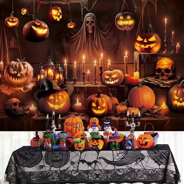 Alt view image 6 of 7 - Horror Halloween Backdrop Scary Skeleton Pumpkin Lantern Haunted House Background Kids Adult Spooky Birthday Party Decorations Banner Supplies (8x6FT)