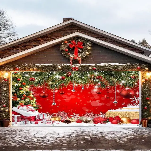 Alt view image 2 of 7 - Christmas Garage Door Cover Decorations Christmas Backdrop 16x7ft | Xmas Tree Garage Door Banner, Outdoor Red Photography Background, New Year Family Gathering Party, Polyester Studio Props