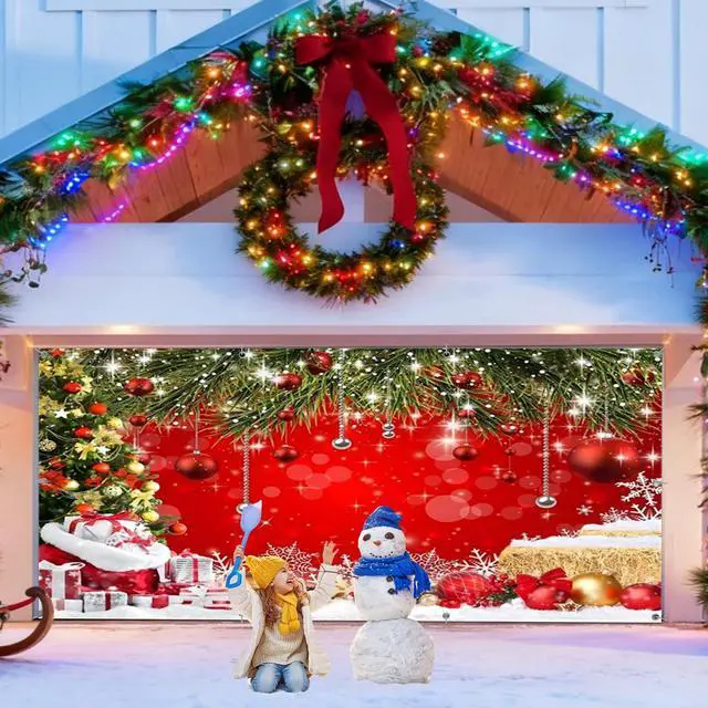 Alt view image 4 of 7 - Christmas Garage Door Cover Decorations Christmas Backdrop 16x7ft | Xmas Tree Garage Door Banner, Outdoor Red Photography Background, New Year Family Gathering Party, Polyester Studio Props