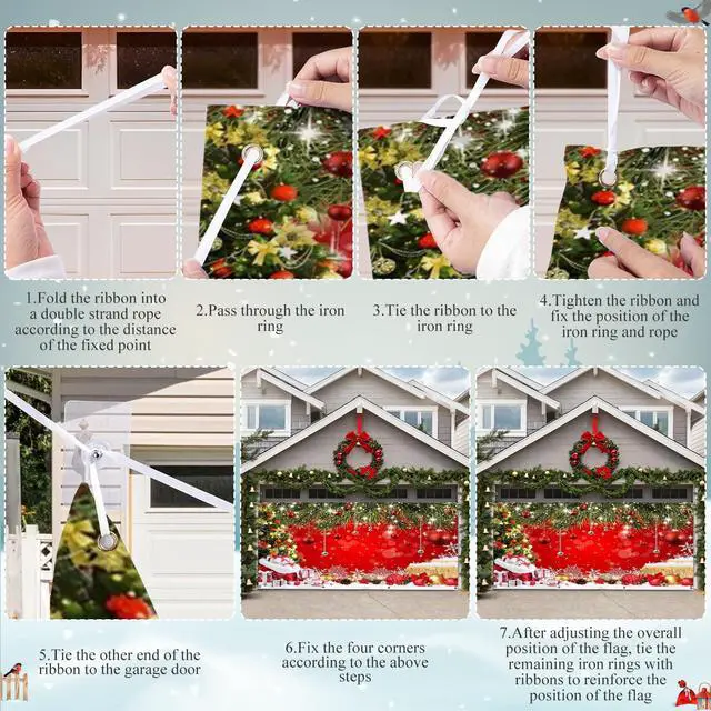 Alt view image 6 of 7 - Christmas Garage Door Cover Decorations Christmas Backdrop 16x7ft | Xmas Tree Garage Door Banner, Outdoor Red Photography Background, New Year Family Gathering Party, Polyester Studio Props