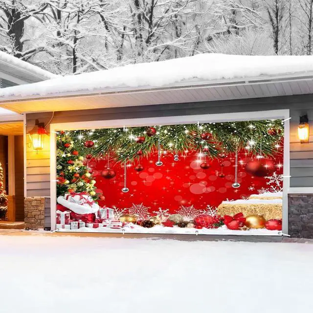 Alt view image 3 of 7 - Christmas Garage Door Cover Decorations Christmas Backdrop 16x7ft | Xmas Tree Garage Door Banner, Outdoor Red Photography Background, New Year Family Gathering Party, Polyester Studio Props