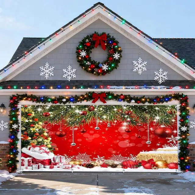 Main image of Christmas Garage Door Cover Decorations Christmas Backdrop 16x7ft | Xmas Tree Garage Door Banner, Outdoor Red Photography Background, New Year Family Gathering Party, Polyester Studio Props