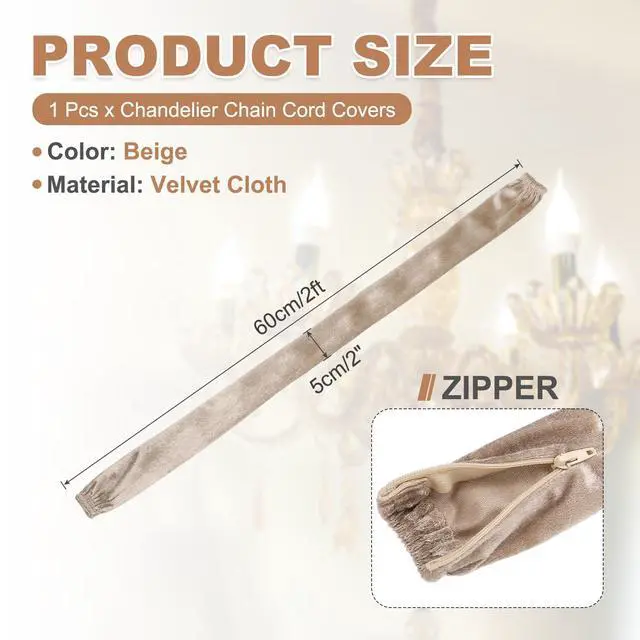 Alt view image 2 of 7 - 2ft Chandelier Chain Cord Cover, Velvet Cloth Fabric Chain Sleeve Decorative Cord Covers for Chandelier Wires Swing Cable, Zipper Style, Beige