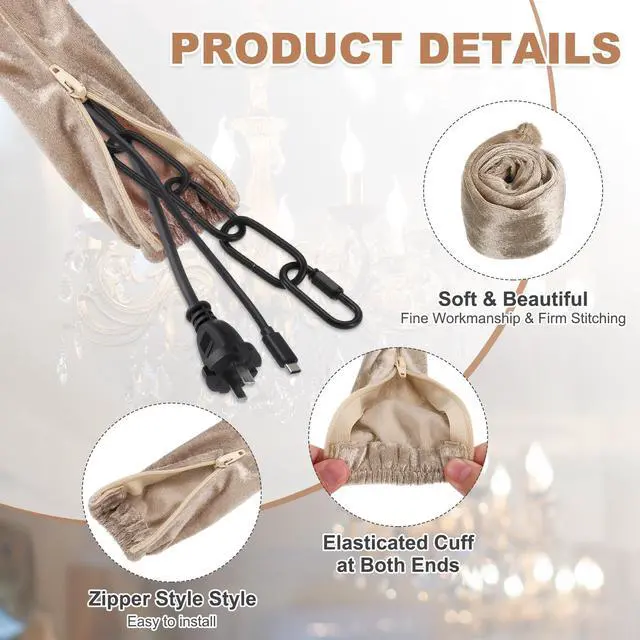Alt view image 3 of 7 - 2ft Chandelier Chain Cord Cover, Velvet Cloth Fabric Chain Sleeve Decorative Cord Covers for Chandelier Wires Swing Cable, Zipper Style, Beige