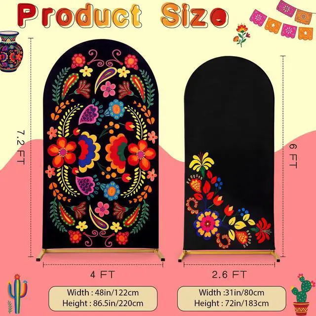 Alt view image 2 of 6 - 2 Pcs Mexican Arch Cover 7.2ft 6ft Mexico Flower Colorful Backdrop Stretchy Fabric Covers Otomi Flower for Cinco De Mayo Talavera Wedding Birthday Baby Shower Indoor Outdoor Event Decoration