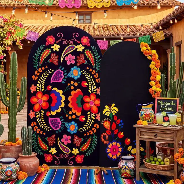 Main image of 2 Pcs Mexican Arch Cover 7.2ft 6ft Mexico Flower Colorful Backdrop Stretchy Fabric Covers Otomi Flower for Cinco De Mayo Talavera Wedding Birthday Baby Shower Indoor Outdoor Event Decoration