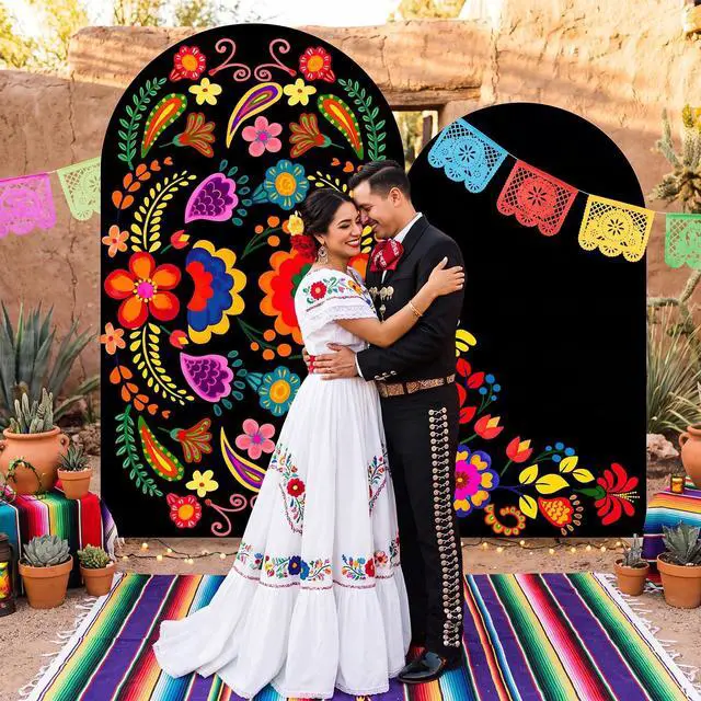 Alt view image 5 of 6 - 2 Pcs Mexican Arch Cover 7.2ft 6ft Mexico Flower Colorful Backdrop Stretchy Fabric Covers Otomi Flower for Cinco De Mayo Talavera Wedding Birthday Baby Shower Indoor Outdoor Event Decoration