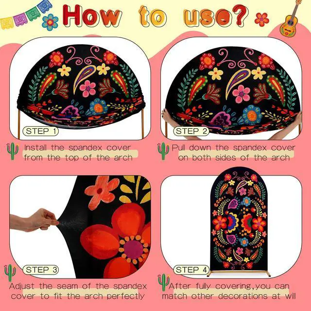 Alt view image 3 of 6 - 2 Pcs Mexican Arch Cover 7.2ft 6ft Mexico Flower Colorful Backdrop Stretchy Fabric Covers Otomi Flower for Cinco De Mayo Talavera Wedding Birthday Baby Shower Indoor Outdoor Event Decoration