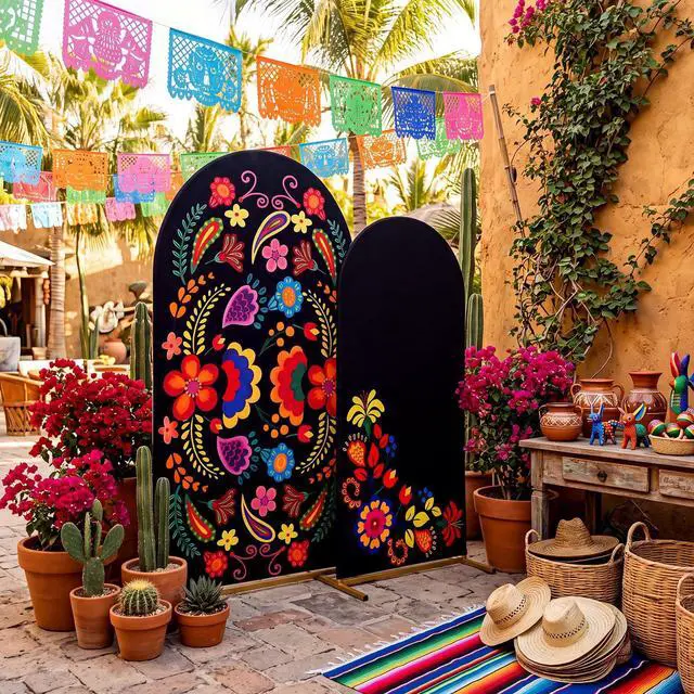 Alt view image 6 of 6 - 2 Pcs Mexican Arch Cover 7.2ft 6ft Mexico Flower Colorful Backdrop Stretchy Fabric Covers Otomi Flower for Cinco De Mayo Talavera Wedding Birthday Baby Shower Indoor Outdoor Event Decoration