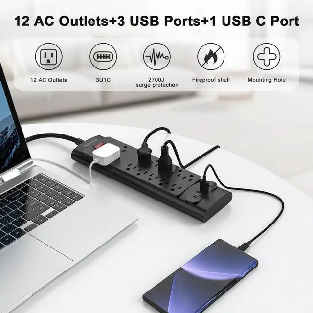 Alt view image 2 of 7 - 12 Outlet Power Strip with Surge Protector, ETL Listed, 6ft Extension Cord, 4 USB Ports (3A+1C), Flat Plug, Wall Mount, Protected Power Strip for Home Office - Black