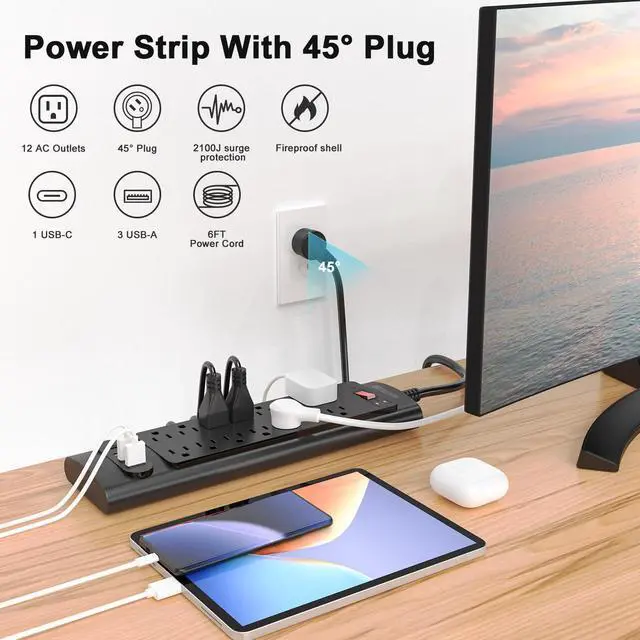 Alt view image 3 of 7 - 12 Outlet Power Strip with Surge Protector, ETL Listed, 6ft Extension Cord, 4 USB Ports (3A+1C), Flat Plug, Wall Mount, Protected Power Strip for Home Office - Black