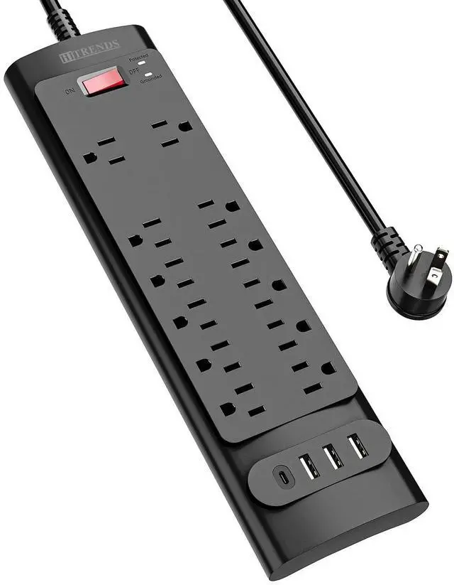 Main image of 12 Outlet Power Strip with Surge Protector, ETL Listed, 6ft Extension Cord, 4 USB Ports (3A+1C), Flat Plug, Wall Mount, Protected Power Strip for Home Office - Black