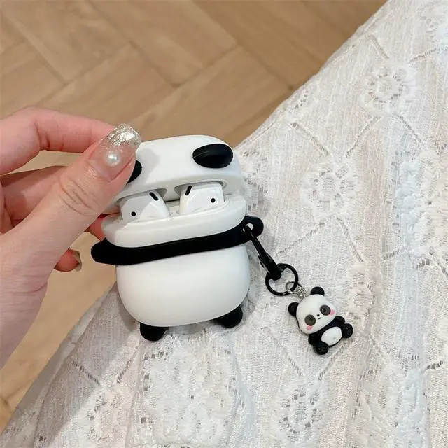 Alt view image 2 of 7 - Wireless Charging Earphone Case Compatible with Airpods 4, Cute Animal Lying Panda Design Soft Silicone Full Body Protective Skin Cover, Kids Girls Women Cartoon Earbuds Accessories with Pendant