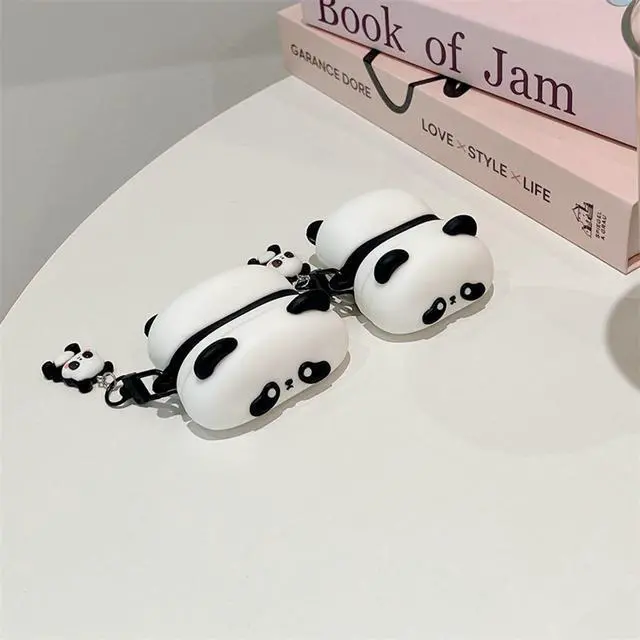 Alt view image 3 of 7 - Wireless Charging Earphone Case Compatible with Airpods 4, Cute Animal Lying Panda Design Soft Silicone Full Body Protective Skin Cover, Kids Girls Women Cartoon Earbuds Accessories with Pendant