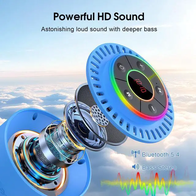 Alt view image 2 of 7 - Bluetooth Speaker, Shower Speaker IPX7 Waterproof, Speakers Bluetooth Wireless with Rich Bass, Portable Speaker with LED Light, Suction Cup,8H Playtime, for Bathroom Party Beach, Ideal Gifts, Purple