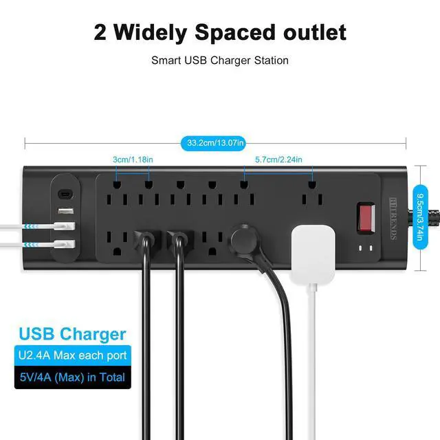 Alt view image 6 of 7 - 12 Outlet Power Strip with Surge Protector, ETL Listed, 6ft Extension Cord, 4 USB Ports (3A+1C), Flat Plug, Wall Mount, Protected Power Strip for Home Office - Black