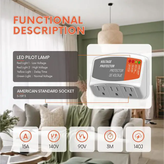 Alt view image 4 of 6 - 3 Outlet Refrigerator Surge Protector, 1800W 120V/15A Wall Plug | Over & Under Voltage Protection 3-Minute Delay UL94 Flame-Retardant CE Certified Appliance Safety