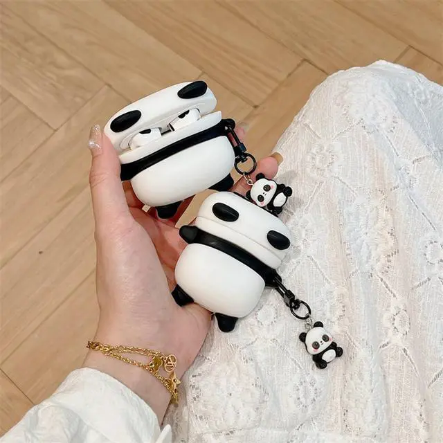 Alt view image 4 of 7 - Wireless Charging Earphone Case Compatible with Airpods 4, Cute Animal Lying Panda Design Soft Silicone Full Body Protective Skin Cover, Kids Girls Women Cartoon Earbuds Accessories with Pendant