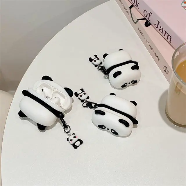 Alt view image 5 of 7 - Wireless Charging Earphone Case Compatible with Airpods 4, Cute Animal Lying Panda Design Soft Silicone Full Body Protective Skin Cover, Kids Girls Women Cartoon Earbuds Accessories with Pendant