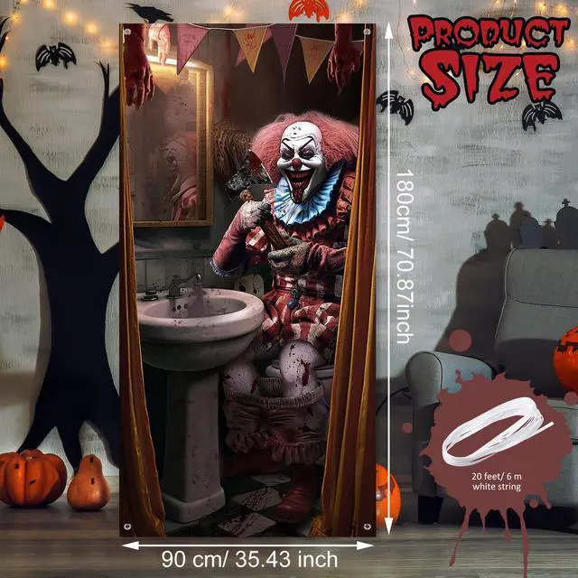 Alt view image 2 of 7 - Halloween Clown Door Cover Circus Scary Decor 70.9 X 35.4 in | Evil Creepy Bathroom Entrance Backdrop, Garage Wall Banner Theme Party Supplies, Haunted House Decorations
