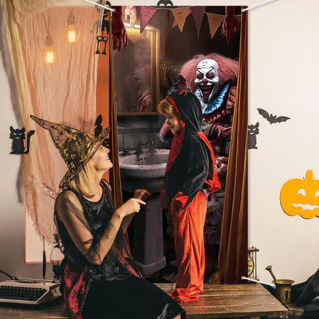Alt view image 4 of 7 - Halloween Clown Door Cover Circus Scary Decor 70.9 X 35.4 in | Evil Creepy Bathroom Entrance Backdrop, Garage Wall Banner Theme Party Supplies, Haunted House Decorations