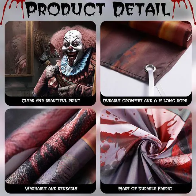 Alt view image 3 of 7 - Halloween Clown Door Cover Circus Scary Decor 70.9 X 35.4 in | Evil Creepy Bathroom Entrance Backdrop, Garage Wall Banner Theme Party Supplies, Haunted House Decorations