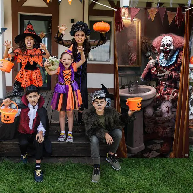 Alt view image 5 of 7 - Halloween Clown Door Cover Circus Scary Decor 70.9 X 35.4 in | Evil Creepy Bathroom Entrance Backdrop, Garage Wall Banner Theme Party Supplies, Haunted House Decorations