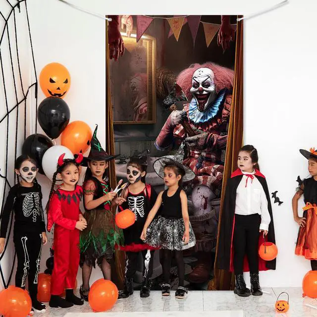 Alt view image 6 of 7 - Halloween Clown Door Cover Circus Scary Decor 70.9 X 35.4 in | Evil Creepy Bathroom Entrance Backdrop, Garage Wall Banner Theme Party Supplies, Haunted House Decorations