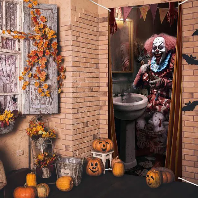 Alt view image 7 of 7 - Halloween Clown Door Cover Circus Scary Decor 70.9 X 35.4 in | Evil Creepy Bathroom Entrance Backdrop, Garage Wall Banner Theme Party Supplies, Haunted House Decorations
