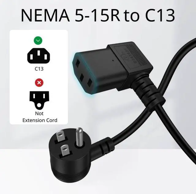 Alt view image 4 of 7 - TNP Right Angle Computer Power Cord, NEMA 5-15P to C13, 10 Ft, Black | 90 Degree Iec C13 Power Cable with 18 Awg Wire for Pcs, Monitors, Tvs and Printers; Molded Strain Relief