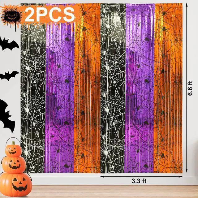 Alt view image 2 of 7 - Halloween Fringe Curtains Backdrop Spiderweb Foil Tinsel Streamers Orange Purple Black Spider Web Photo Booth Prop Backdrop Decor for Halloween Birthday Party Decorations, 3.3 X 6.6 Ft, 2 Packs