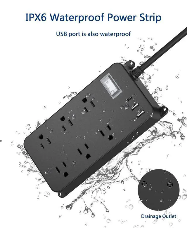 Alt view image 2 of 7 - Outdoor Power Strip Weatherproof,20W USB C,Waterproof Extension Cord Multiple Outlet Surge Protector,6 Outlets,3 USB Ports