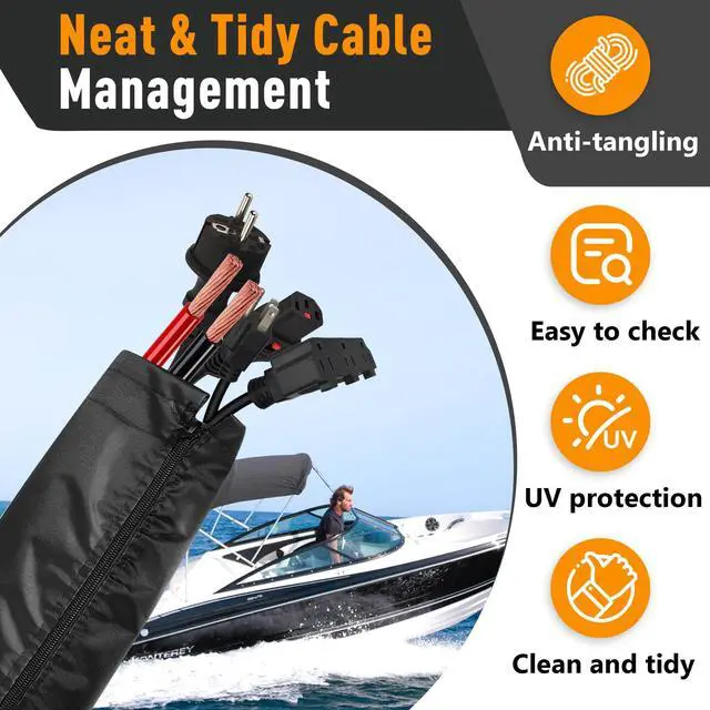 Alt view image 6 of 7 - 48 Inch Zippered Rigging Sleeve, Heavy Duty 600D Waterproof | Marine Cable Organizer for Trolling Motor, Control Cables, Fuel Lines & Wires, Black with Cable Tie