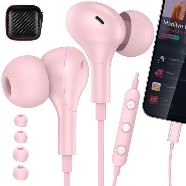 Main image of MFi-Certified Lighting Earbuds for iPhone 14 13 12 11 Pro Max Pink | Magnetic Ear Buds Earphones Built-in Mic Volume Control Wired Headphones for iPhone 14 Plus 13 Pro 11 Pro Max XS XR 8 7 Plus