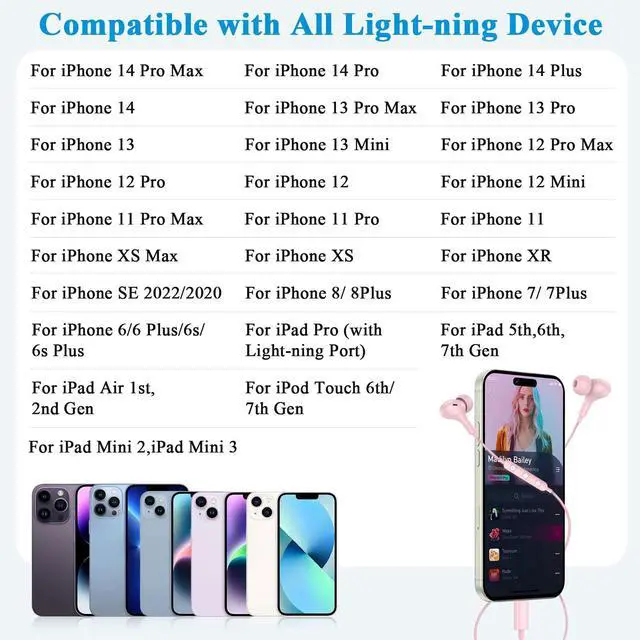 Alt view image 5 of 6 - MFi-Certified Lighting Earbuds for iPhone 14 13 12 11 Pro Max Pink | Magnetic Ear Buds Earphones Built-in Mic Volume Control Wired Headphones for iPhone 14 Plus 13 Pro 11 Pro Max XS XR 8 7 Plus